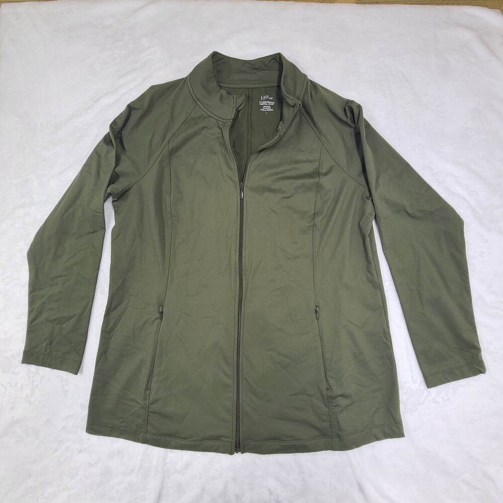 J Jill Fit Performance Jacket Large Olive Green Full Zip Athletic Shirttail